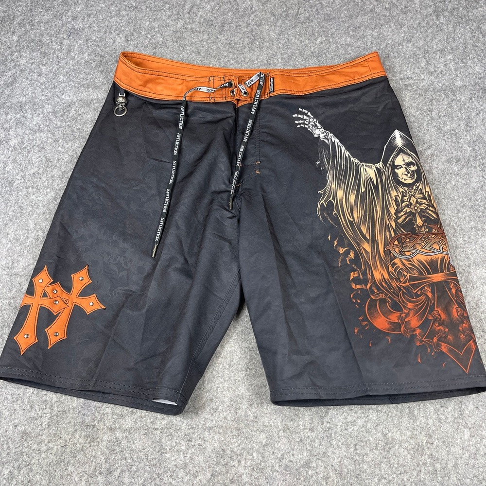 Affliction Mens 38 Board Shorts Black Orange Grim Reaper Gothic Cross Studded
